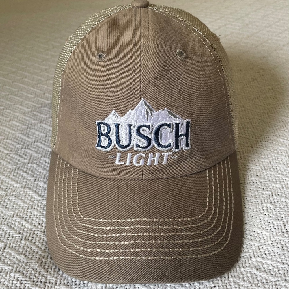 Busch Light trucker hat. Tan. Adjustable. Quake City Caps.